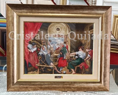 Punto de cruz. Hilanderas Cuadro enmarcado de una escena histórica con personajes en acción.