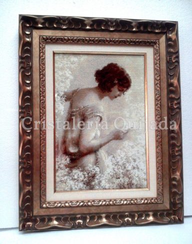 Punto de cruz. Dama entre flores. Trabajo de punto de cruz en tonos sepia, enmarcado con moldura de pan de oro.