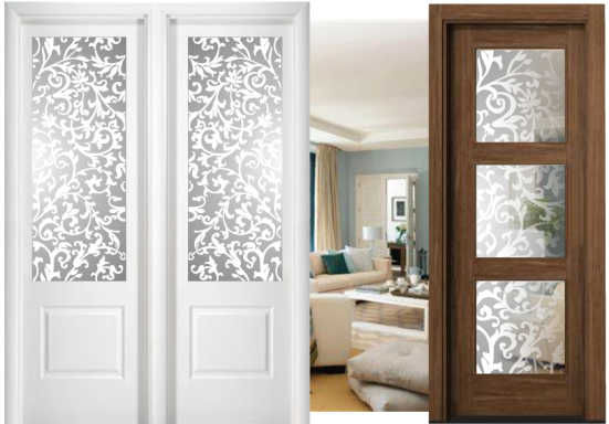 Cristal blanco mate con serigrafía Puertas decorativas con paneles de vidrio mate en un entorno interior.