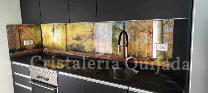 Paisaje ensamblado en vidrio en zona de cocción de cocina