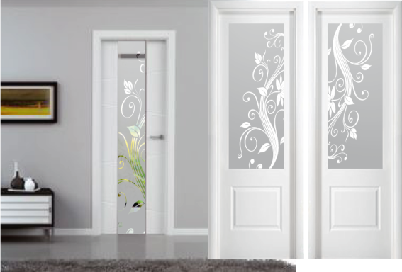 Cristal blanco puerta de interior Puerta blanca decorada con motivos florales, con un diseño translúcido en el panel.