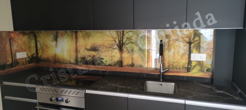 Paisaje en cocina impreso en interior de cristal