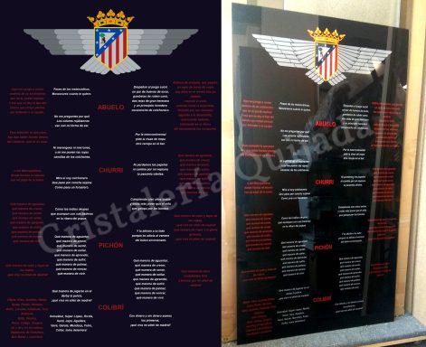 Himno de Joaquín Sabina de el Atlético de Madrid Sobre idea del cliente. Impresión digital sobre vidrio, inalterable en el tiempo, con el himno compuesto por Joaquín Sabina para su Atleti.